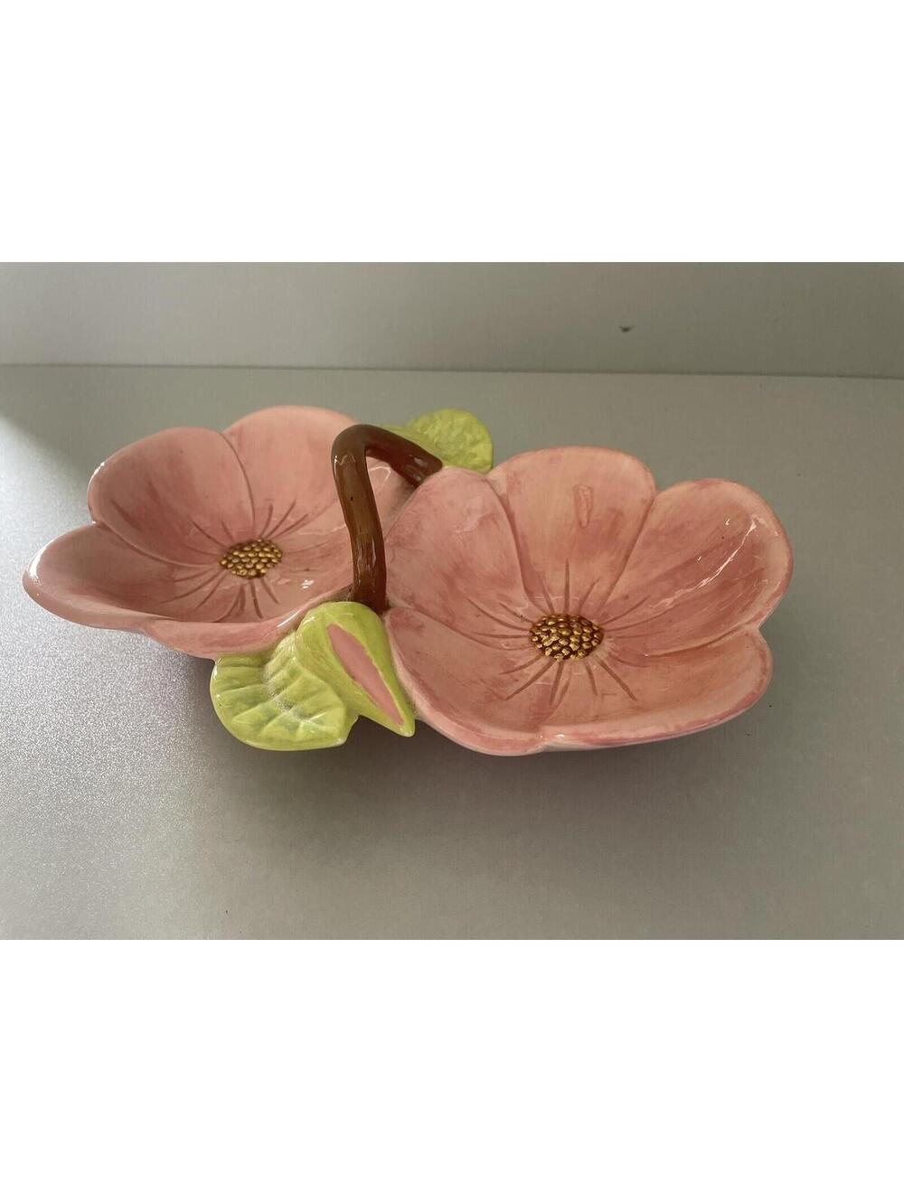 Holland Mold Dining Pink Ceramic Double Floral Candy Dish with Handle